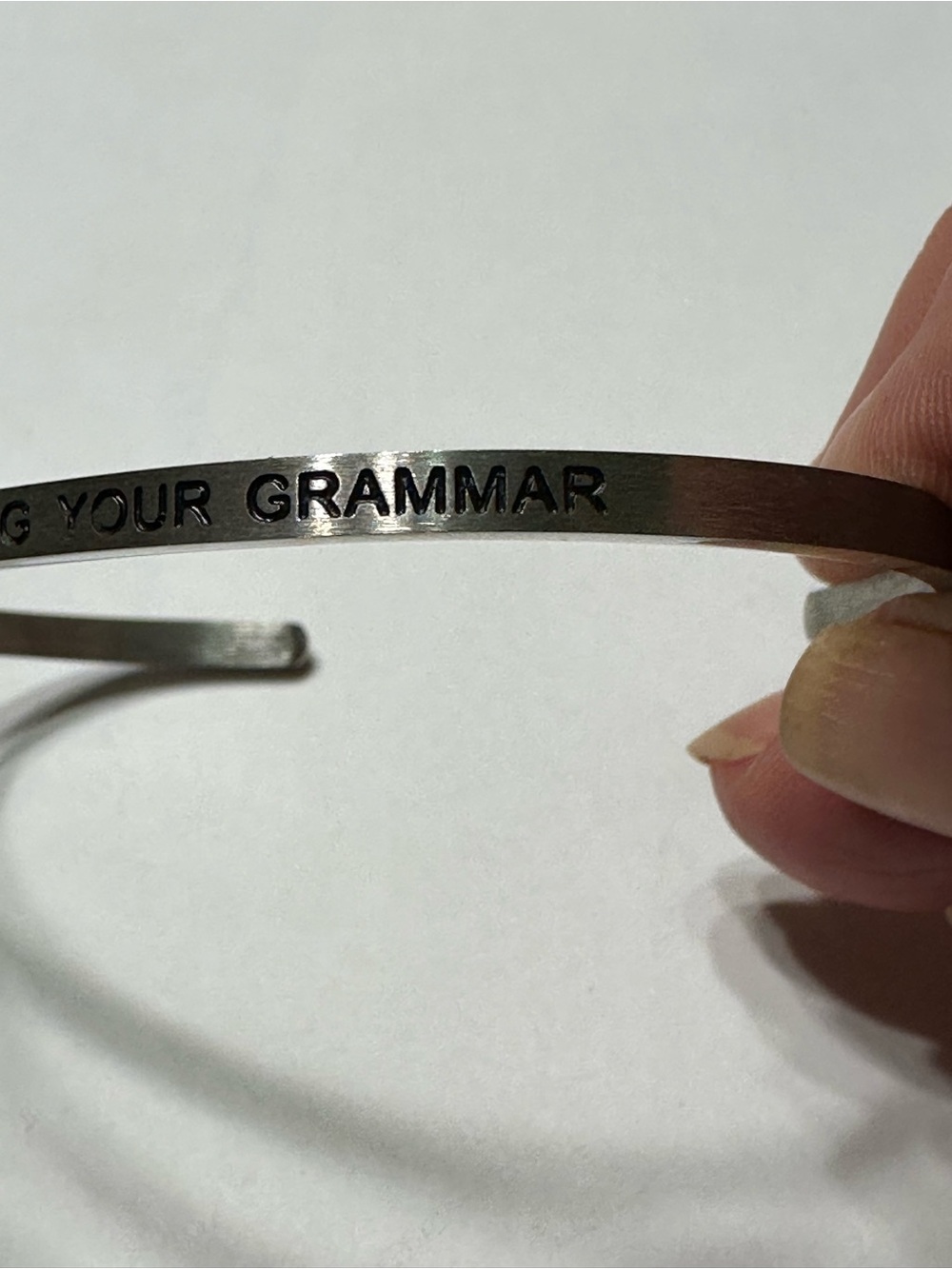 Silver Tone Engraved Mantraband Bracelet - Silently Correcting Your Grammar